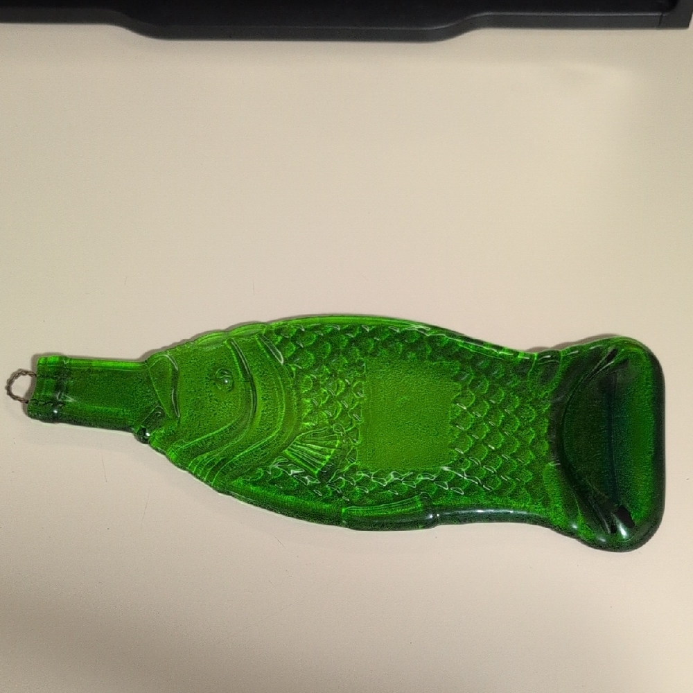 Vintage Unique Green Fish-Shaped Flattened Glass Bottle